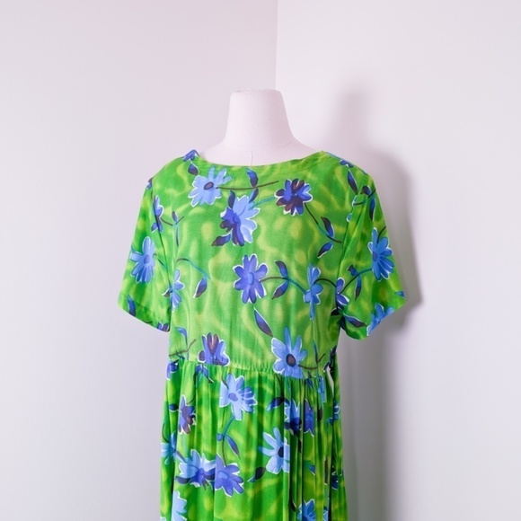 80's Babydoll Floral Dress Maxi Short Sleeve Waist Tie Long Floor Length - Picture 3 of 14